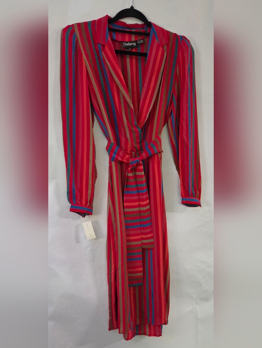 Vintage Helena International Silk Red Multi-Stripe Wrap Dress w/Tie Waist (NOS)